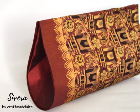 Burgundy Camel Upcycled Vintage Sari Clutch