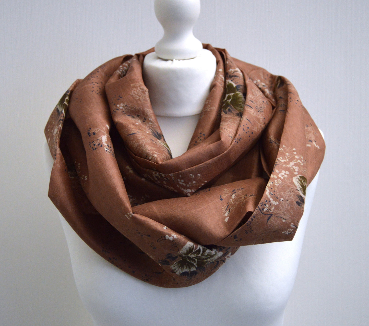 Beige Floral Upcycled Vintage Sari Silk Scarf - Lightweight Spring Summer Womens Scarf - Bohemian Eco Friendly Mothers Day Gift For Her