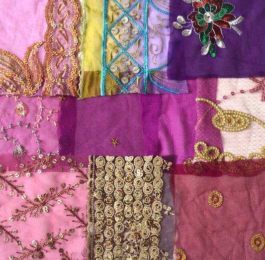 Purple Assorted Embellished Sari Fabric Remnants Scraps - 10 Pieces