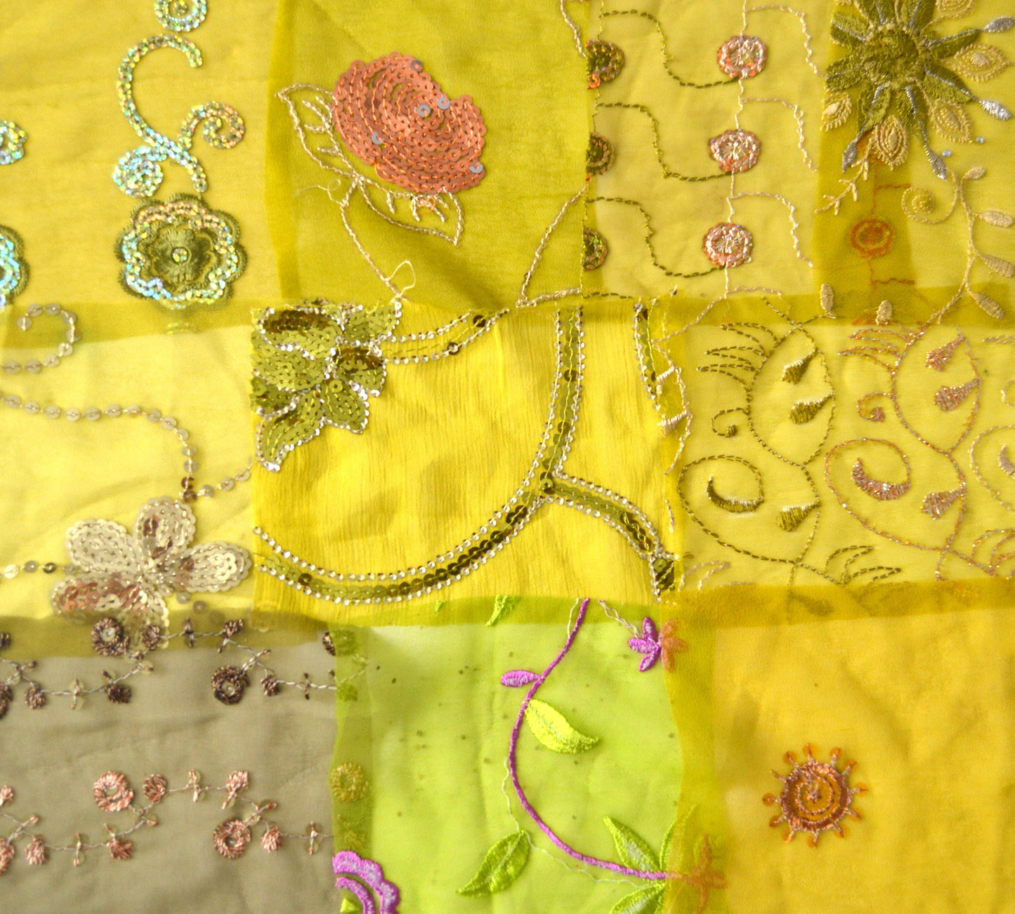 Lime Green Assorted Embellished Sari Fabric Remnants Scraps - 10 Pieces