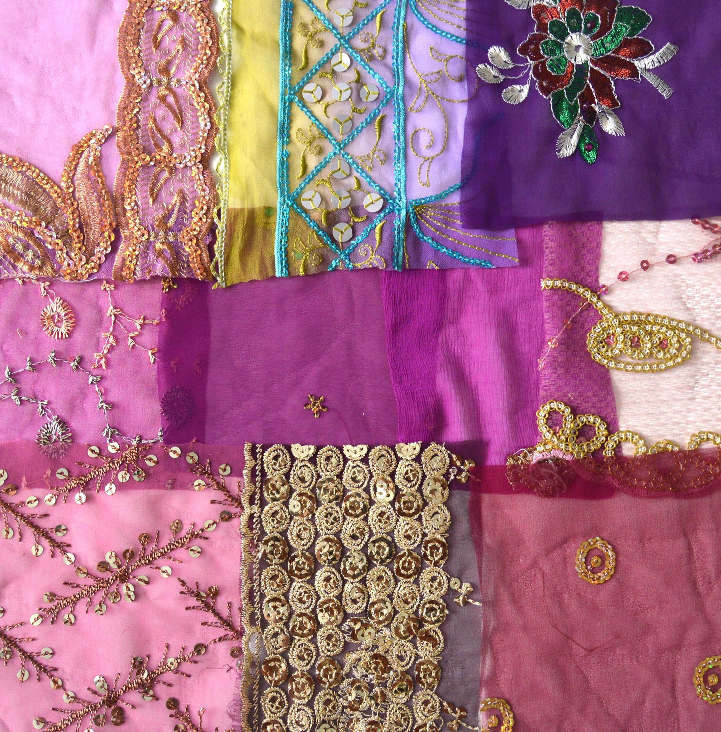 Purple Assorted Embellished Sari Fabric Remnants Scraps - 10 Pieces