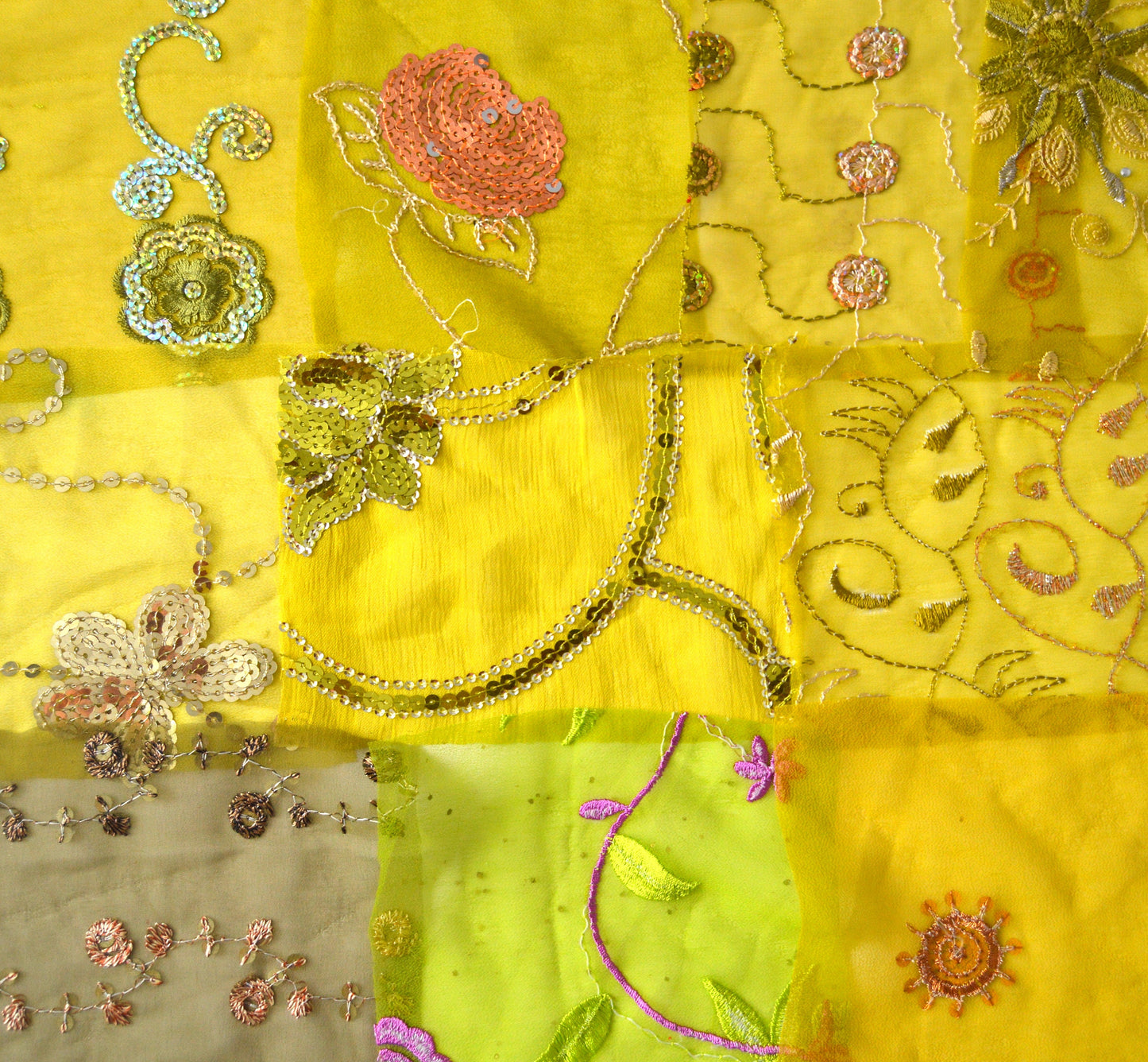 Lime Green Assorted Embellished Sari Fabric Remnants Scraps - 10 Pieces