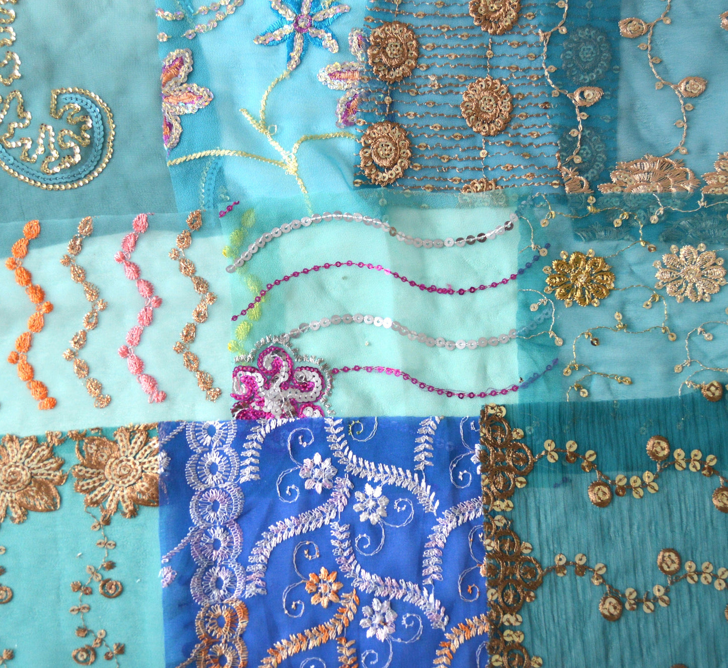 Teal Blue Assorted Embellished Sari Fabric Remnants Scraps - 10 Pieces
