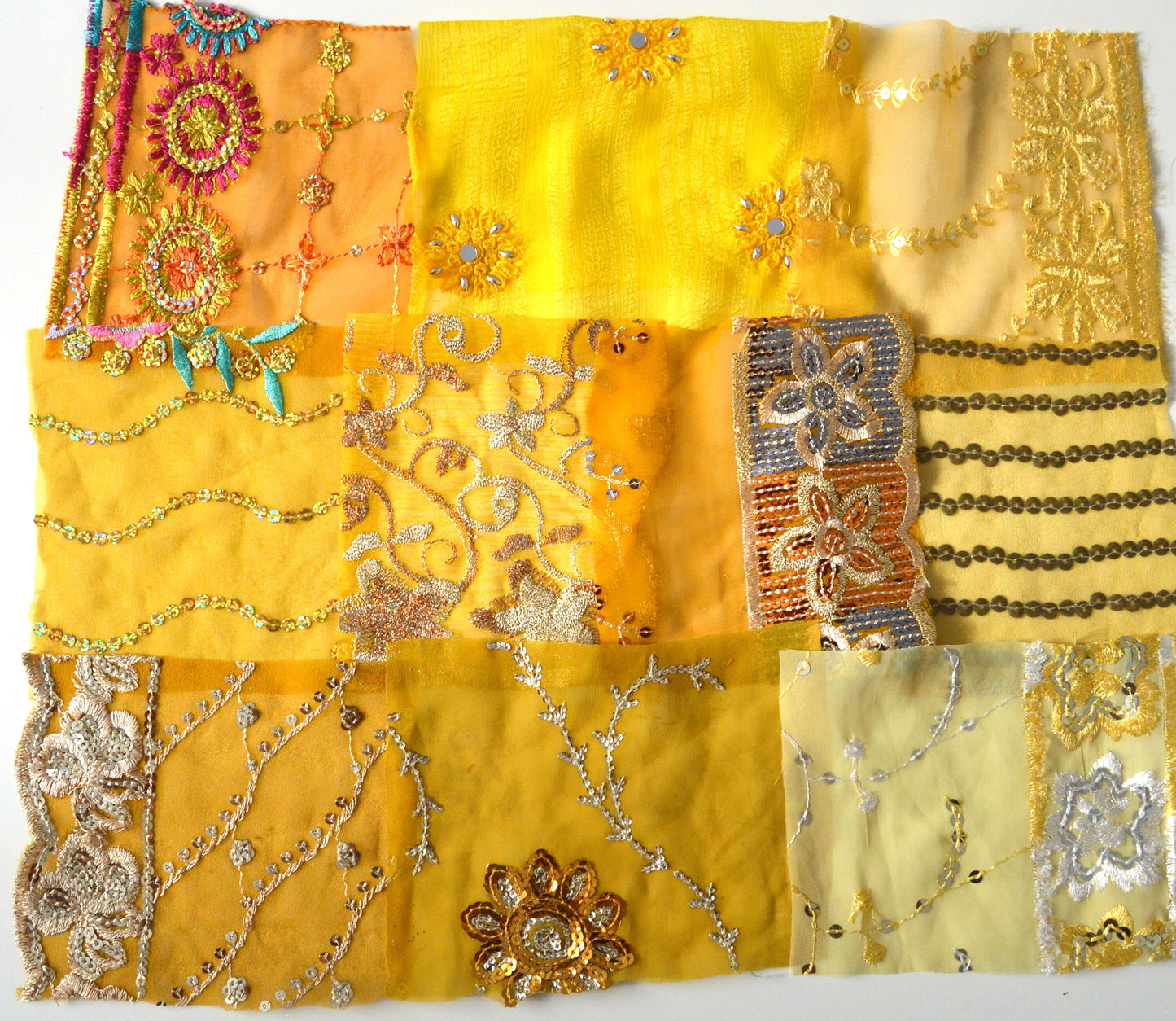 Yellow Assorted Embellished Sari Fabric Remnants Scraps - 10 Pieces