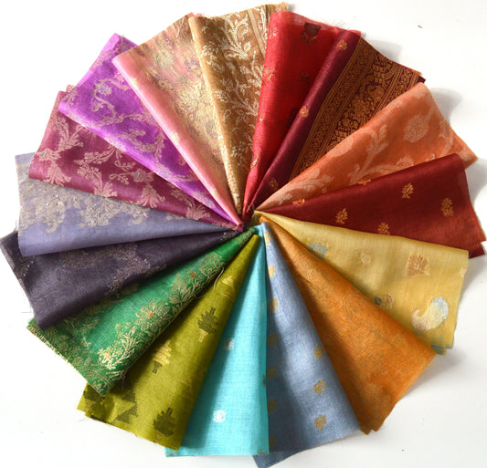 8 Inch x 16 Pieces Mixed Colour Recycled Vintage Silk Sari Scraps Remnant Brocade Craft Fabric Collage Mixed Media Textile Art Junk Journals