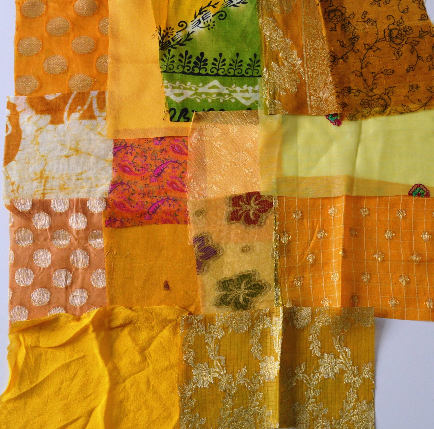 Yellow Upcycled Sari Silk Fabric Scraps 15 Pieces