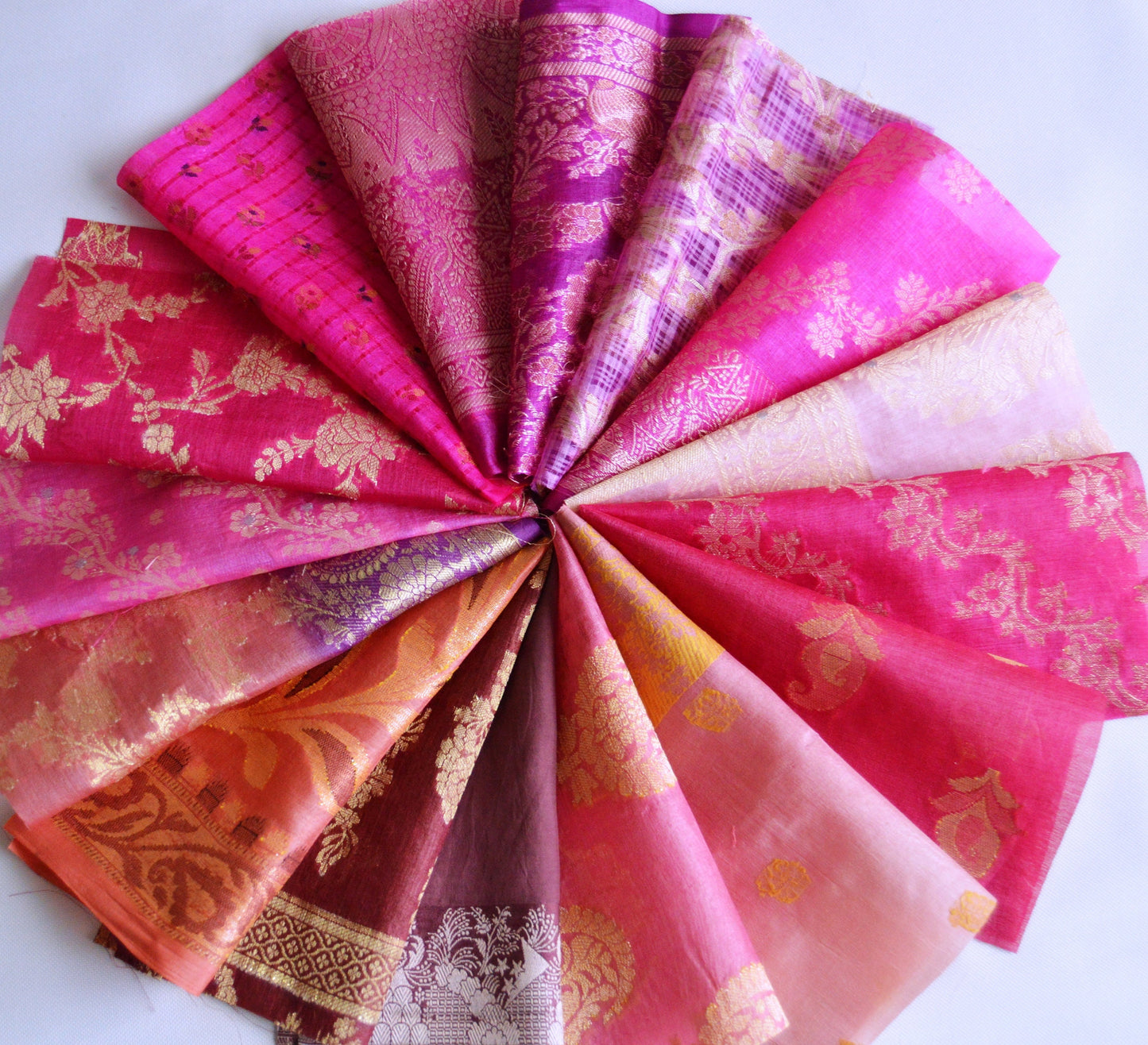 5 Inch x 16 Pieces Pink Recycled Vintage Silk Sari Scraps Brocade Fabric Card Making Collage Mixed Media Textile Art Junk Journals