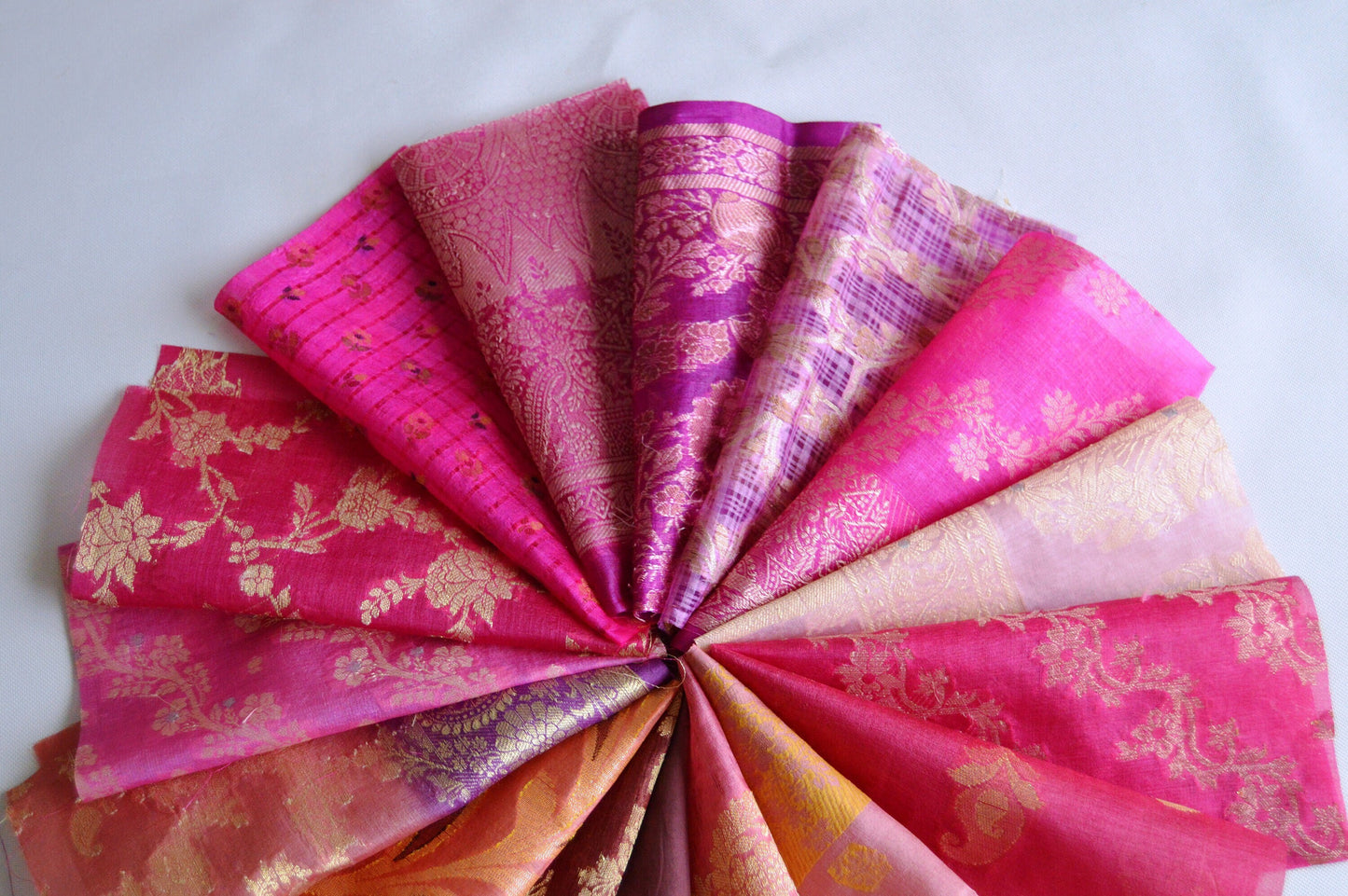 5 Inch x 16 Pieces Pink Recycled Vintage Silk Sari Scraps Brocade Fabric Card Making Collage Mixed Media Textile Art Junk Journals