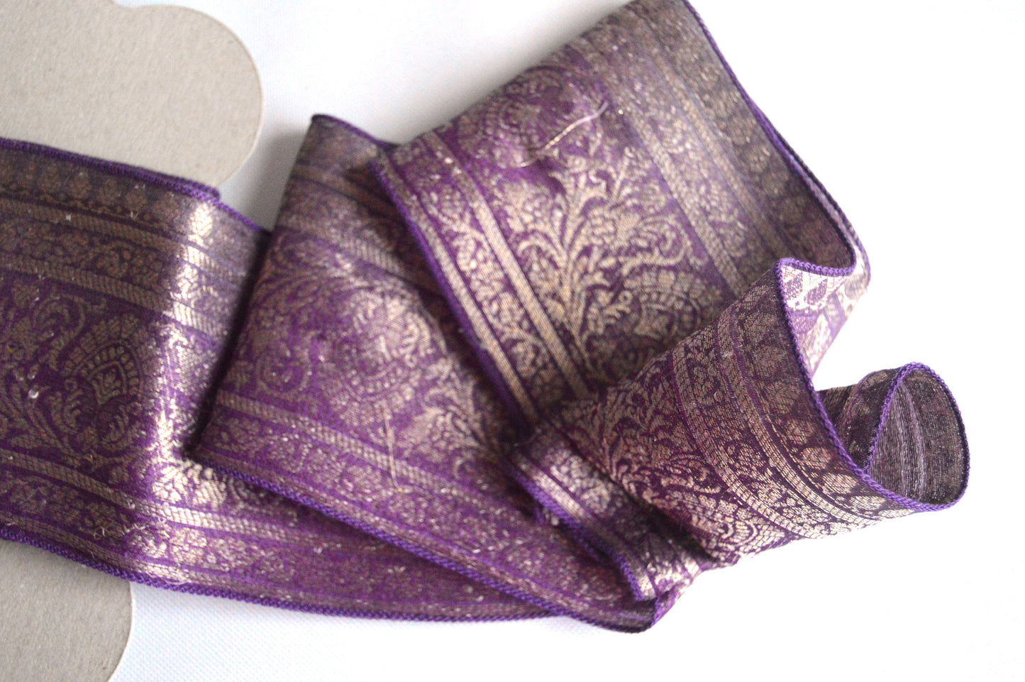 Purple Brocade Floral Pure Silk Vintage Recycled Upcycled Sari Silk Ribbon Border
