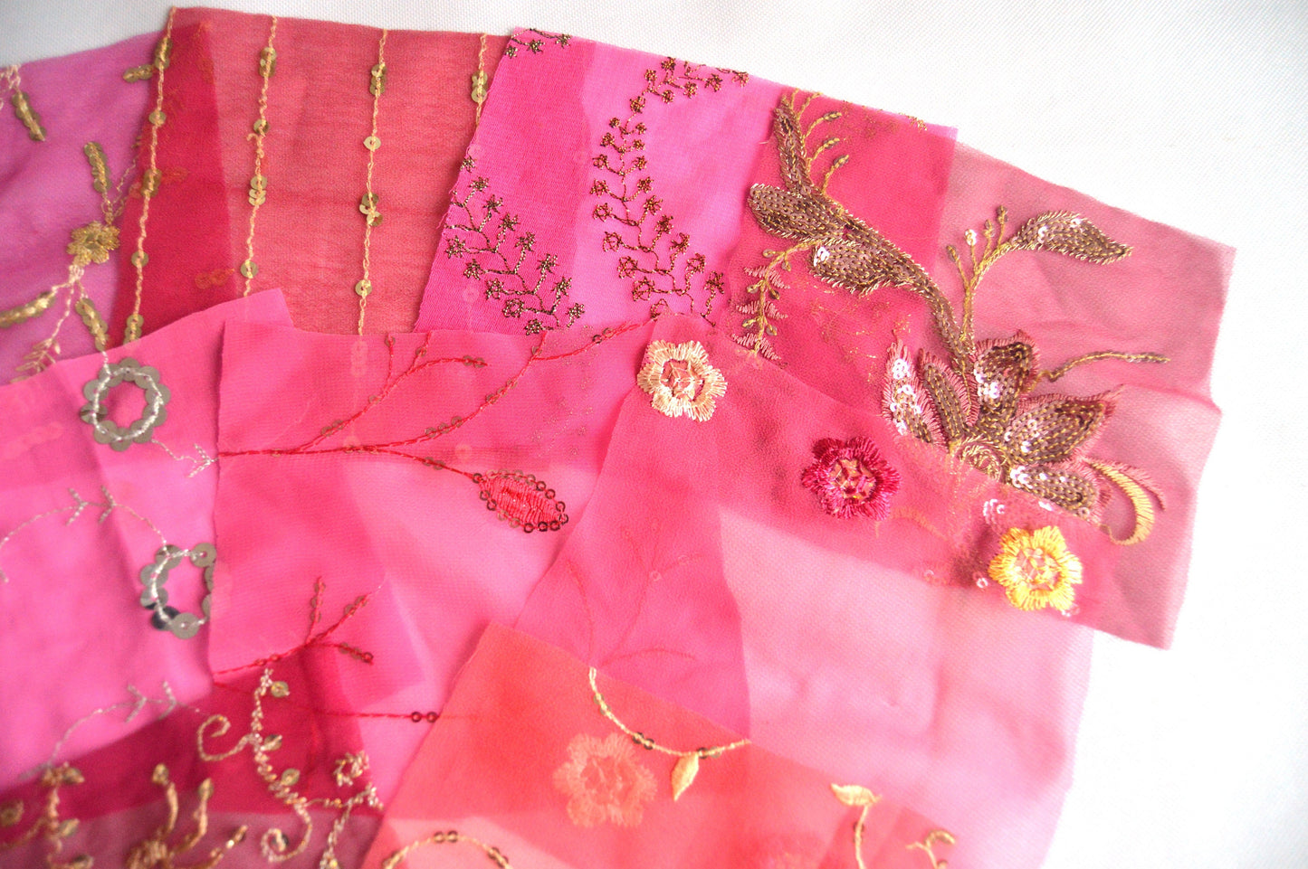 Pink Assorted Embellished Sari Fabric Remnants Scraps - 10 Pieces