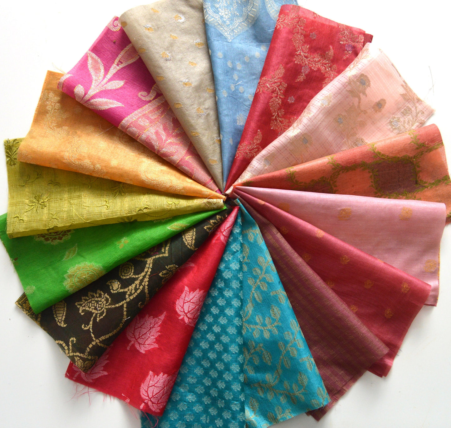 5 Inch x 16 Pieces Mixed Recycled Vintage Sari Squares Brocade Craft Fabric Card Making Collage Mixed Media Textile Art Sewing Junk Journal