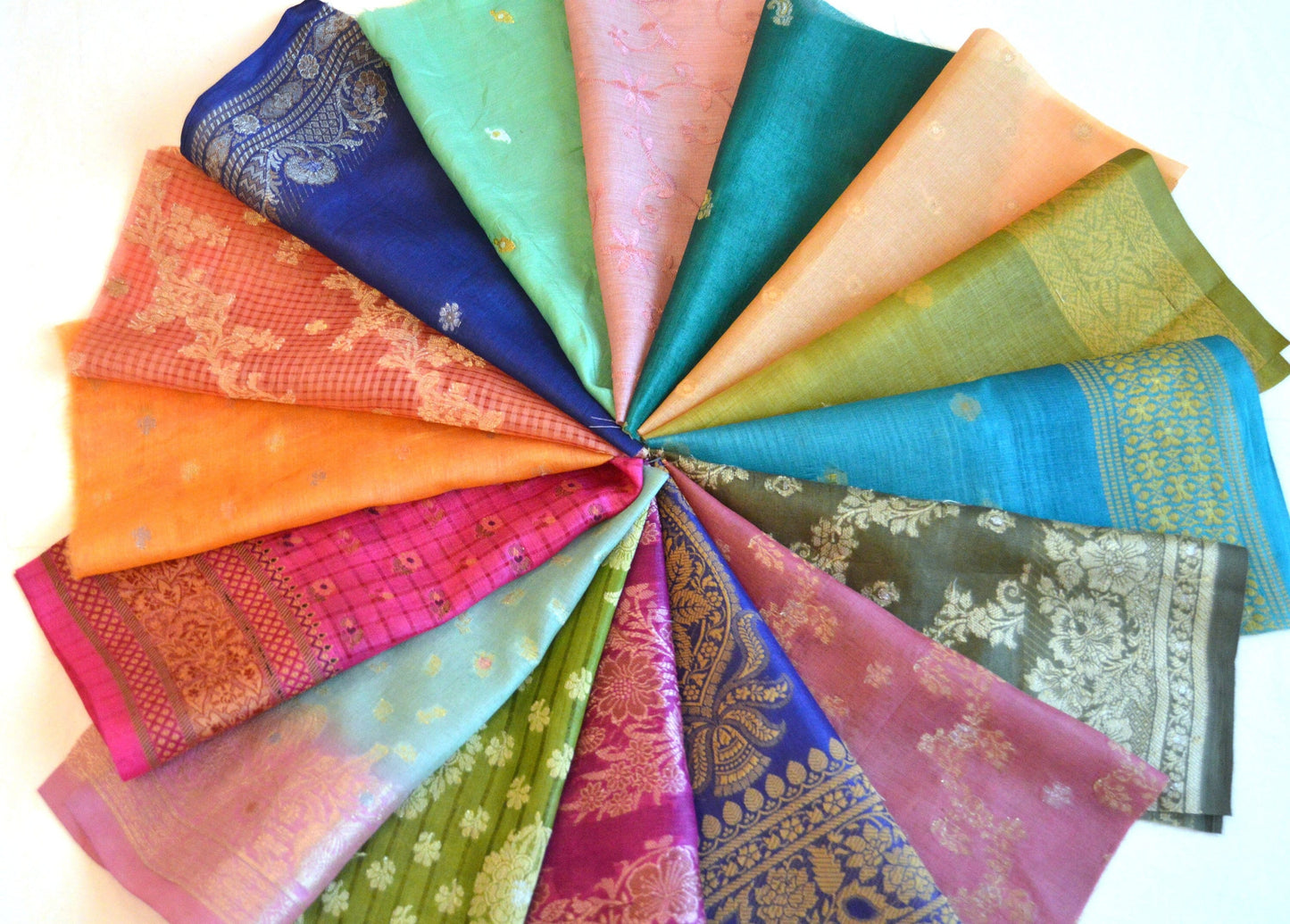 8 Inch x 16 Pieces Mixed Colour Upcycled Sari Silk Craft Fabric Card Making Collage Mixed Media Textile Art Sewing Junk Journals
