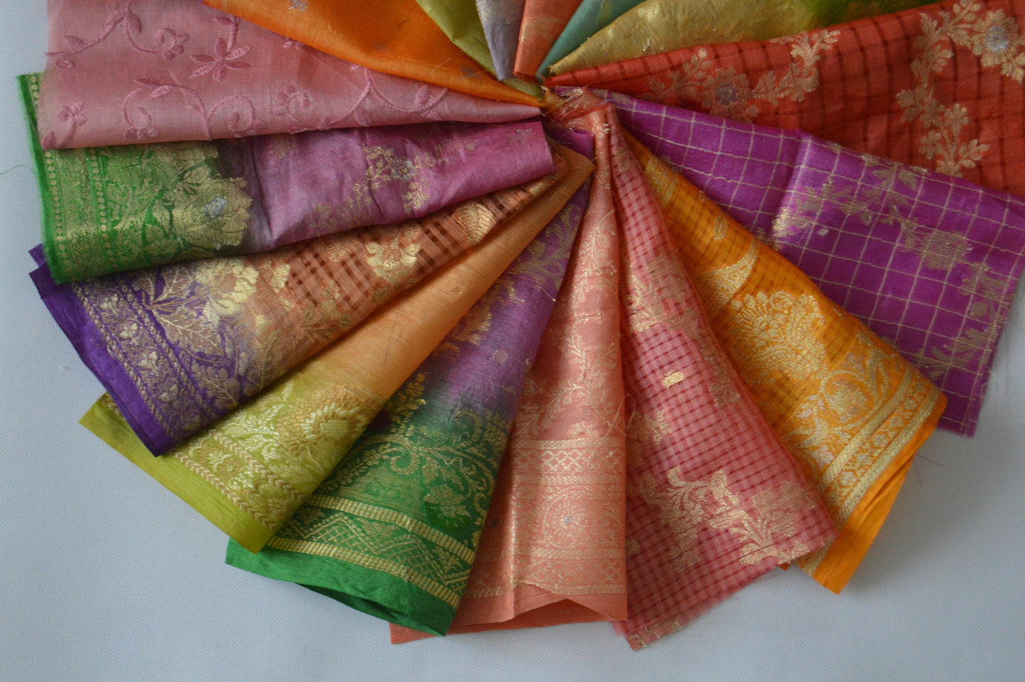 10 Inch x 16 Pieces Mixed Colour Recycled Vintage Sari Scraps Remnant Brocade Craft Fabric Collage Mixed Media Textile Art Junk Journals