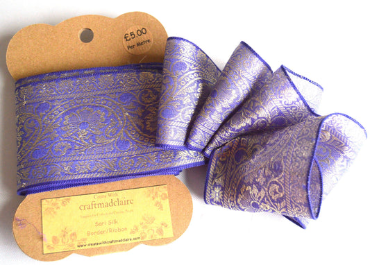 Lilac Purple Brocade Floral Pure Silk Vintage Recycled Upcycled Sari Silk Ribbon Border