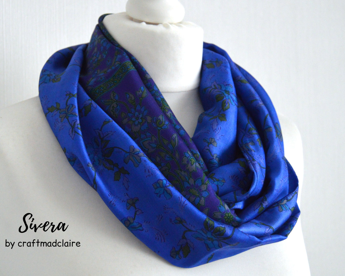 Royal Blue Lilac Floral Upcycled Vintage Sari Silk Scarf - Eco Friendly Zero Waste Unisex Womens Scarf - Sophisticated Bohemian Gift