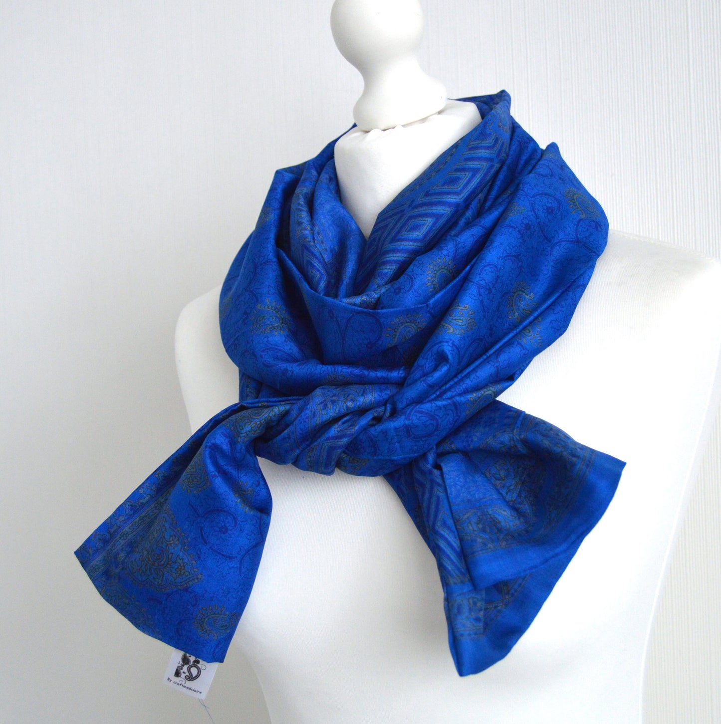 Royal Blue Grey Sari Silk Scarf - Sophisticated Bohemian Eco Friendly Unisex Scarf - Ethical Sustainable Christmas Gift For Her or Him