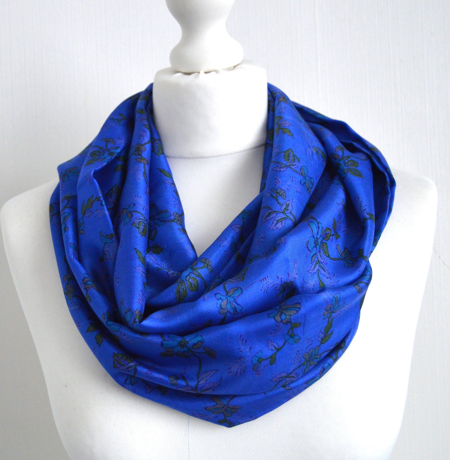 Royal Blue Lilac Floral Upcycled Vintage Sari Silk Scarf - Eco Friendly Zero Waste Unisex Womens Scarf - Sophisticated Bohemian Gift