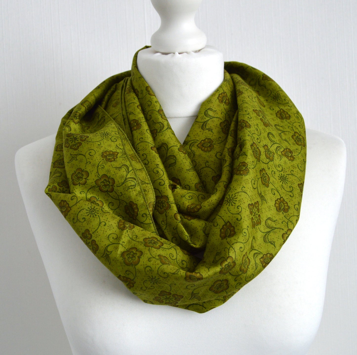 Olive Upcycled Pure Silk Sari Infinity Loop Scarf Nursing Cover - Lightweight Handmade Bohemian Festival Scarf Wrap - Baby Shower Gift
