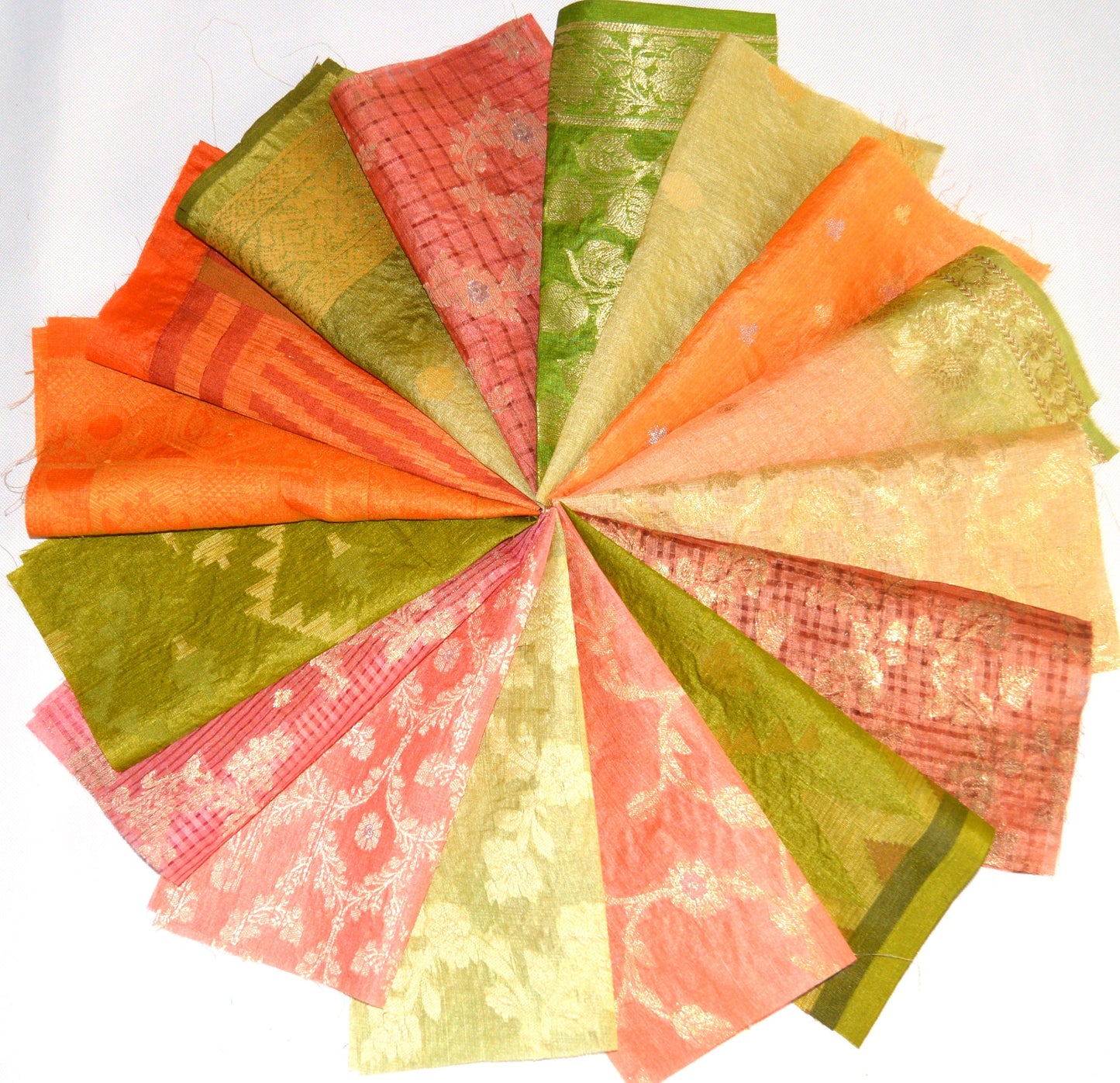 5 Inch x 16 Pieces Orange Green Recycled Vintage Sari Scraps Craft Fabric Card Making Collage Mixed Media Textile Art Sewing Junk Journals