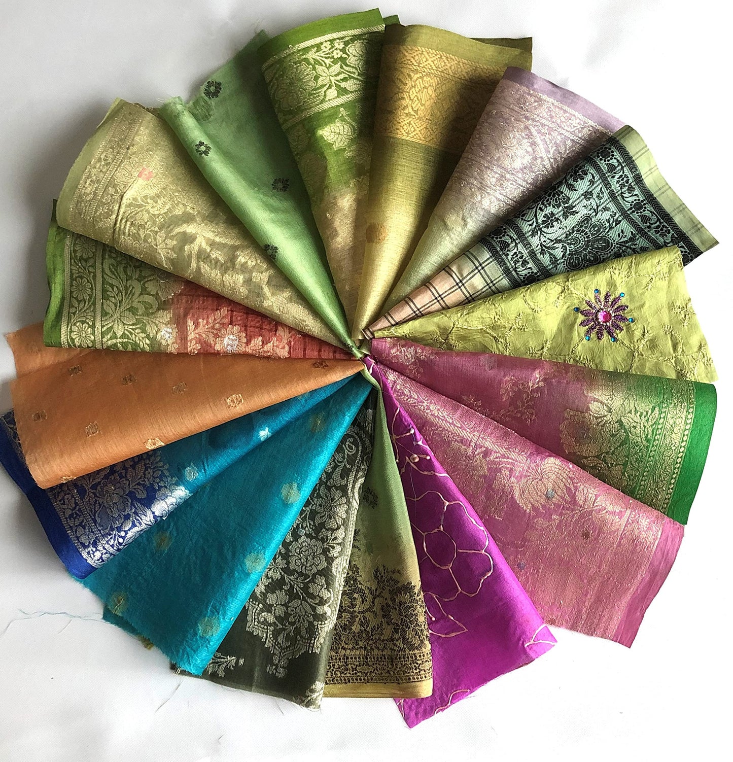 5 Inch x 16 Pieces Mixed Colour Recycled Vintage Sari Scraps Craft Fabric Card Making Collage Mixed Media Textile Art Sewing Junk Journals