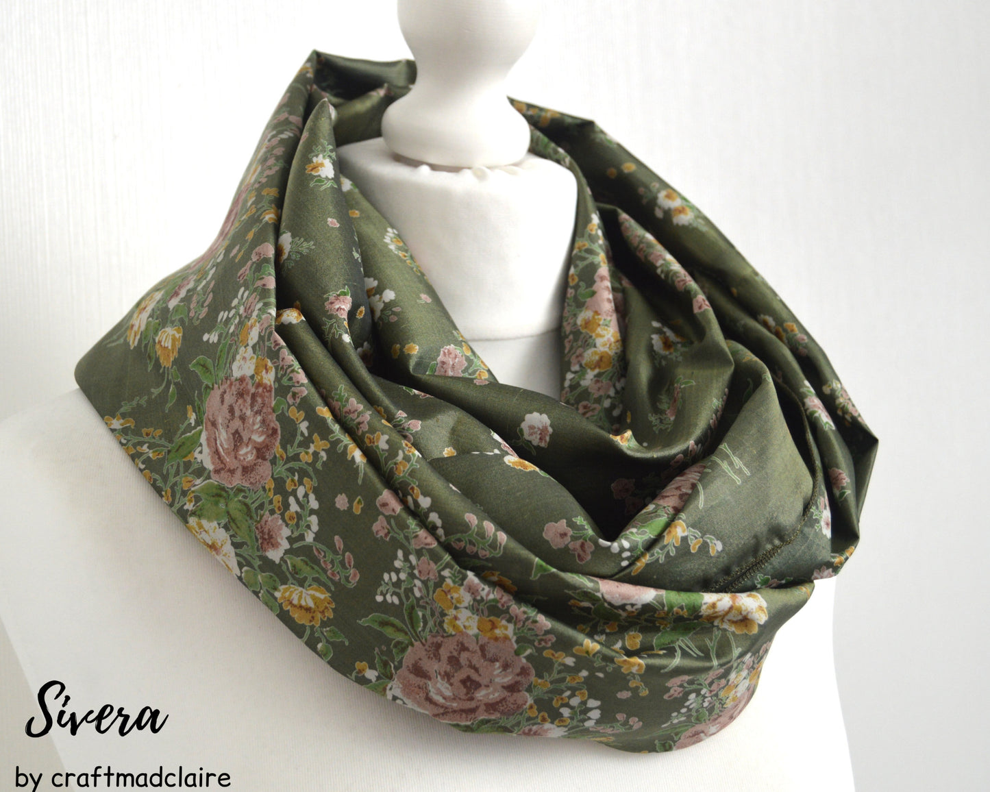 Olive Sage Floral Sari Silk Sari Infinity Loop Scarf Nursing Cover - Lightweight Handmade Bohemian Festival Scarf Wrap - Baby Shower Gift