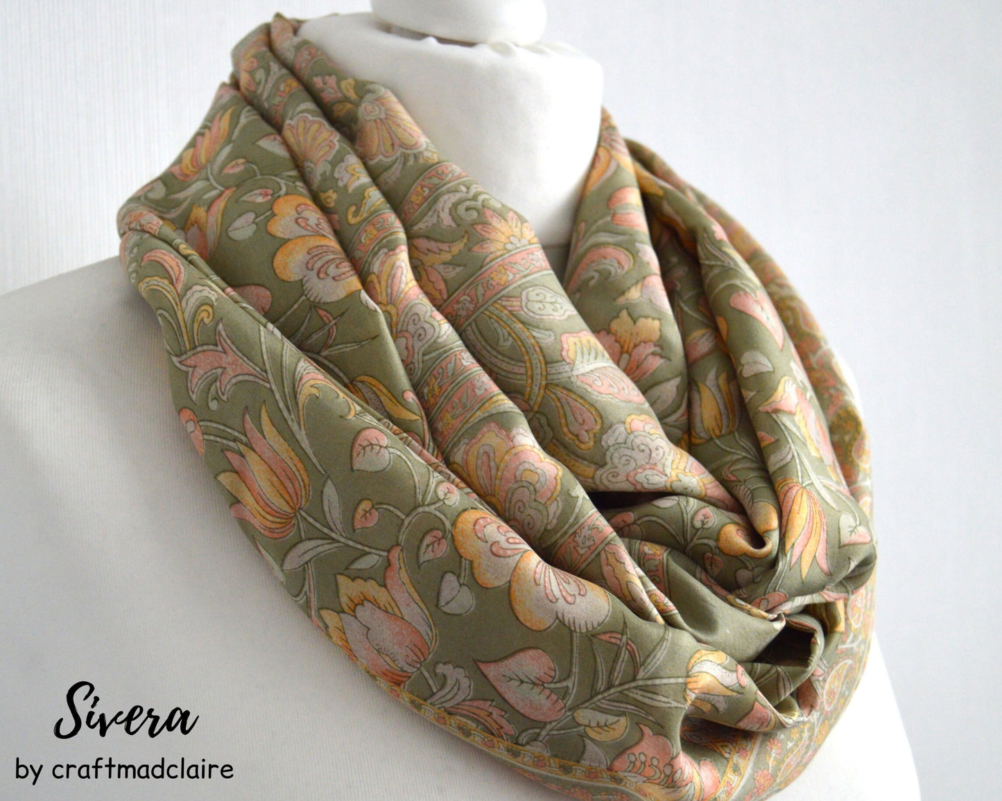 Sage Green Peach Floral Upcycled Vintage Sari Silk Scarf, Eco-Friendly Sophisticated Bohemian Scarf, Unique Teacher Gift Mum Mom Sister gift