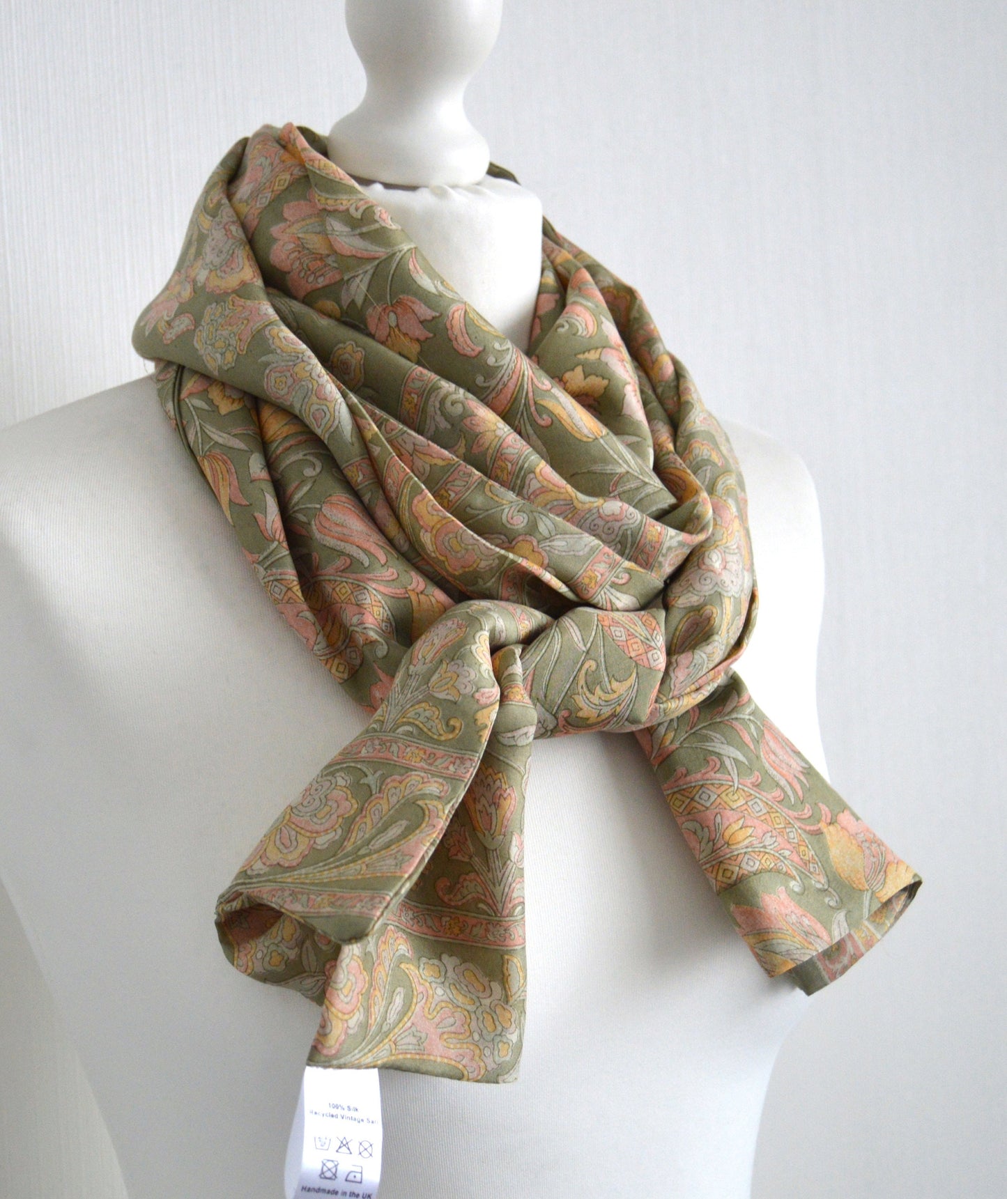Sage Green Peach Floral Upcycled Vintage Sari Silk Scarf, Eco-Friendly Sophisticated Bohemian Scarf, Unique Teacher Gift Mum Mom Sister gift