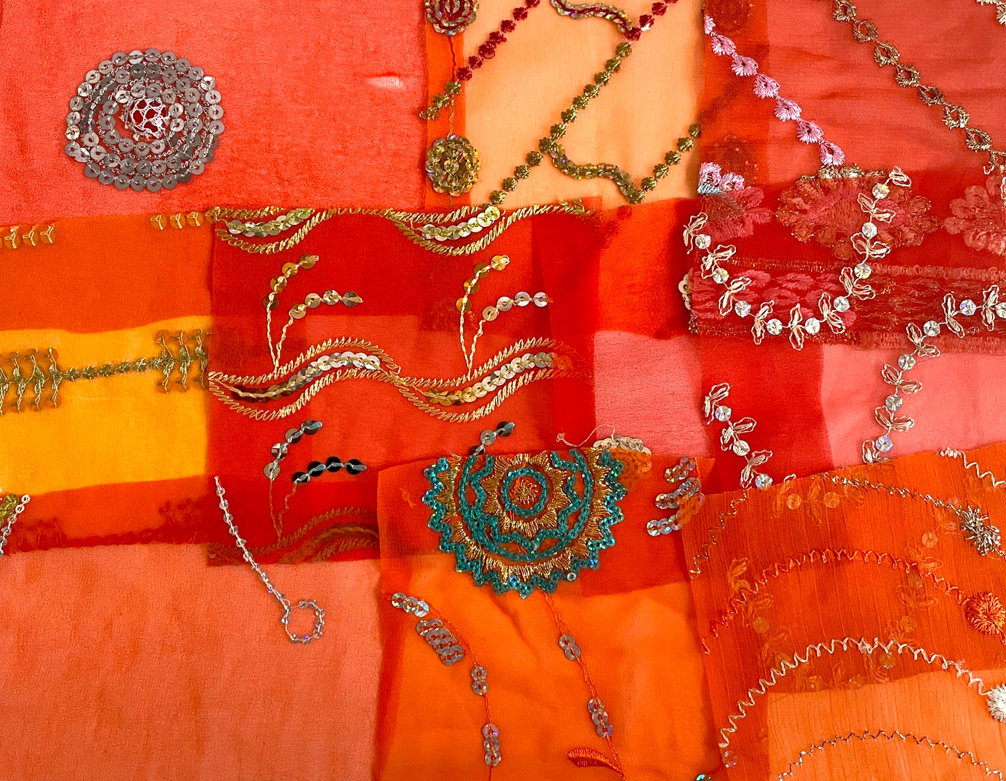 Orange Assorted Embellished Sari Fabric Remnants Scraps - 10 Pieces