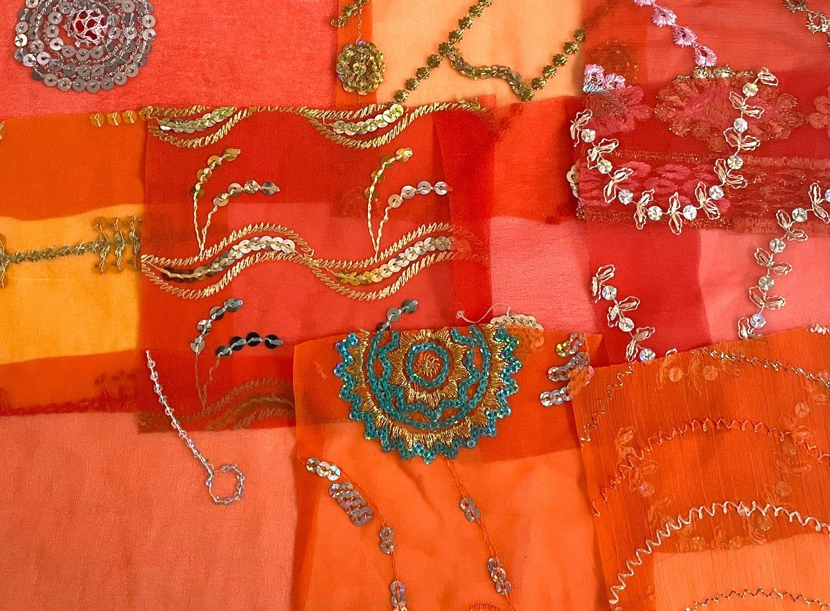 Orange Assorted Embellished Sari Fabric Remnants Scraps - 10 Pieces