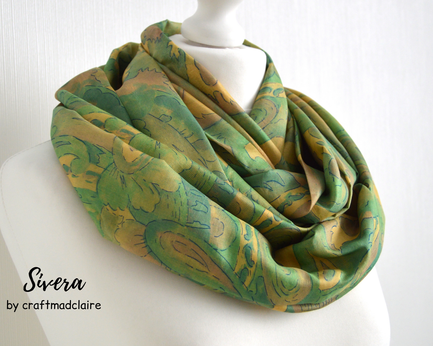 Yellow Green Abstract Upcycled Vintage Sari Silk Scarf - Sohpisticated Bohemian Lightweight Womens Scarf - Handmade Upcycled Sari Scarf Amazing Gift For Her