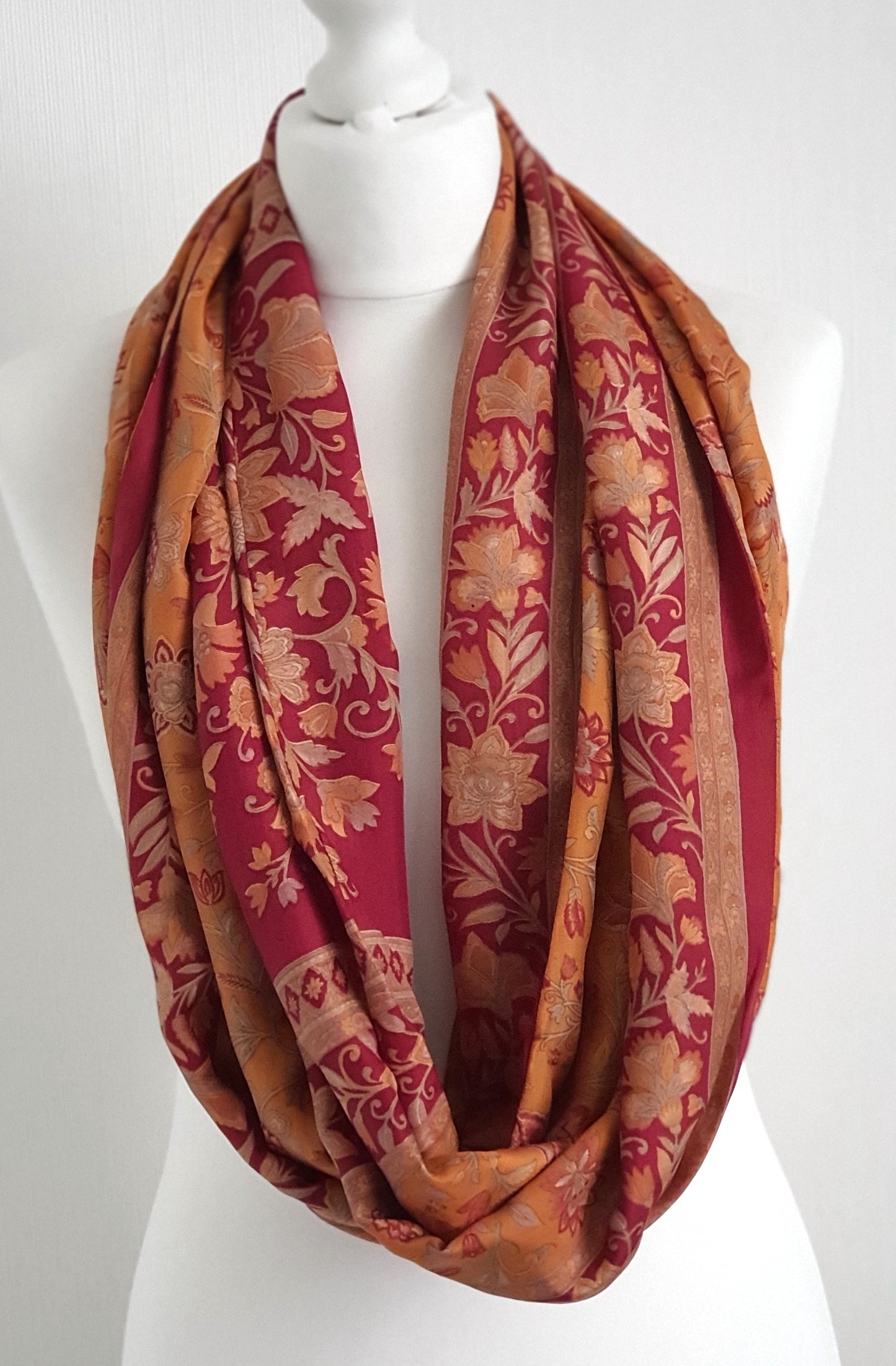 Golden Yellow Red Floral Upcycled Vintage Sari Silk Womens Scarf - Bohemian Spring Summer Scarf - Unique Handmade Mothers Day Gift For Her