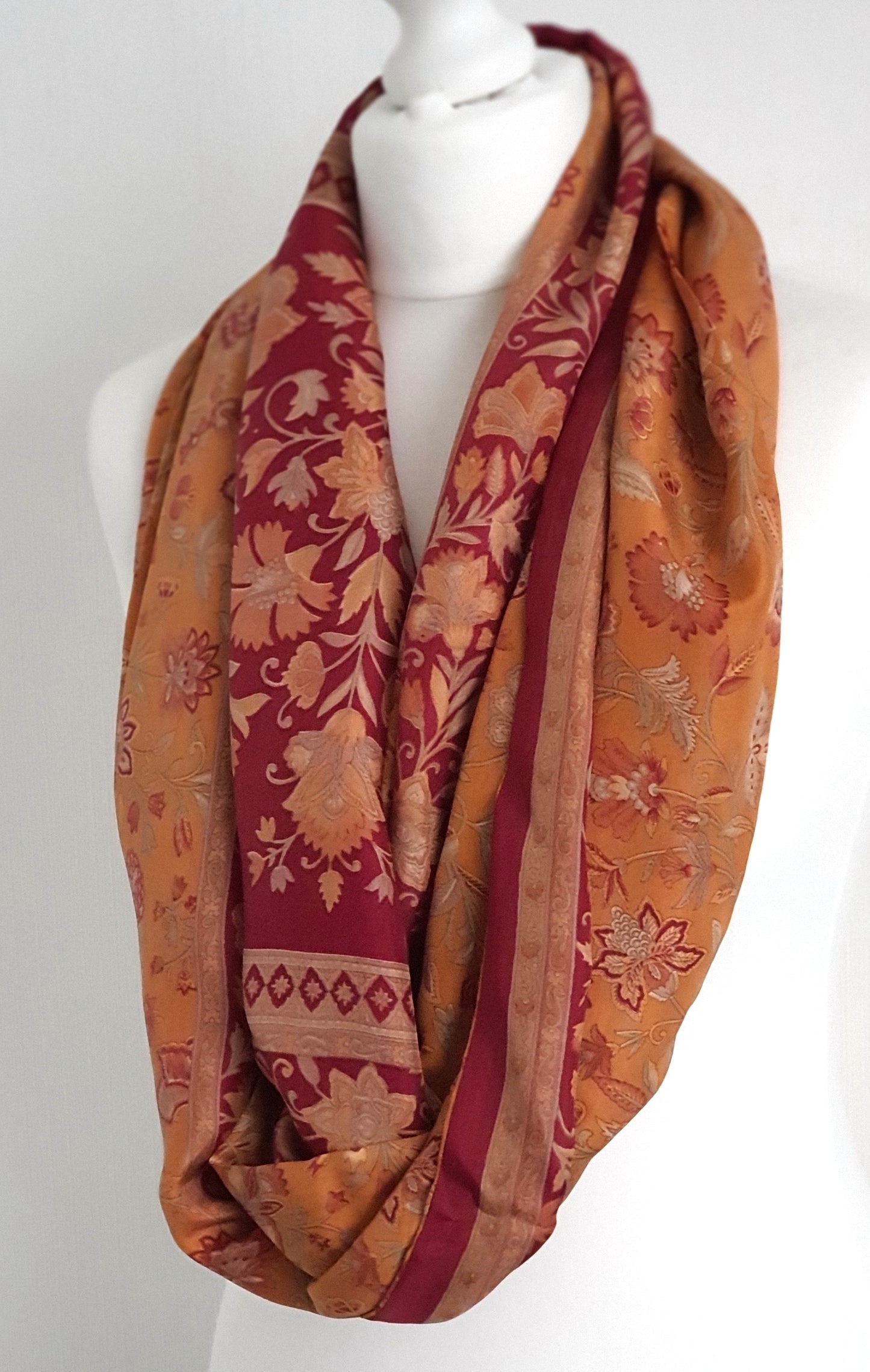 Golden Yellow Red Floral Upcycled Vintage Sari Silk Womens Scarf - Bohemian Spring Summer Scarf - Unique Handmade Mothers Day Gift For Her