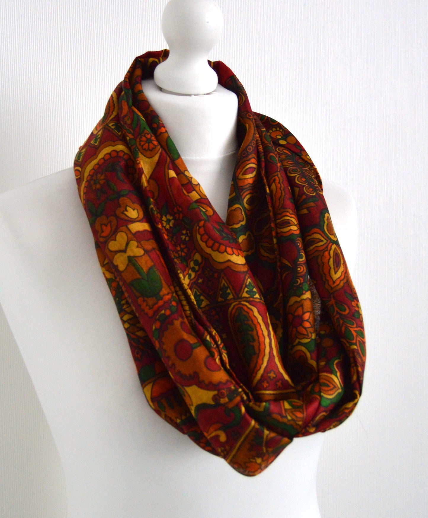 Red Orange Green Abstract Upcycled Vintage Sari Scarf - Eco Friendly Zero Waste Unisex Womens Scarf - Bohemian Mothers Day Gift