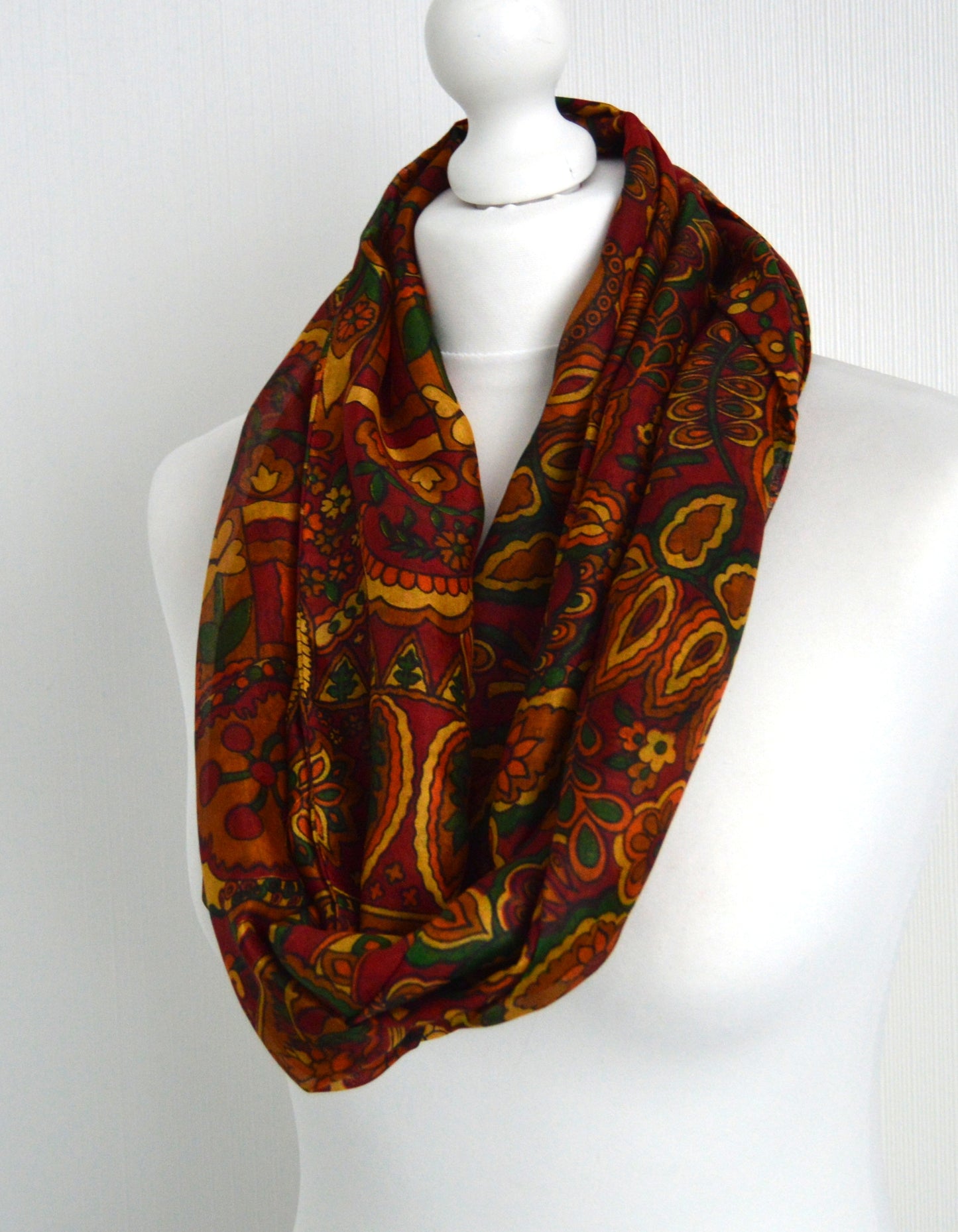 Red Orange Green Abstract Upcycled Vintage Sari Scarf - Eco Friendly Zero Waste Unisex Womens Scarf - Bohemian Mothers Day Gift