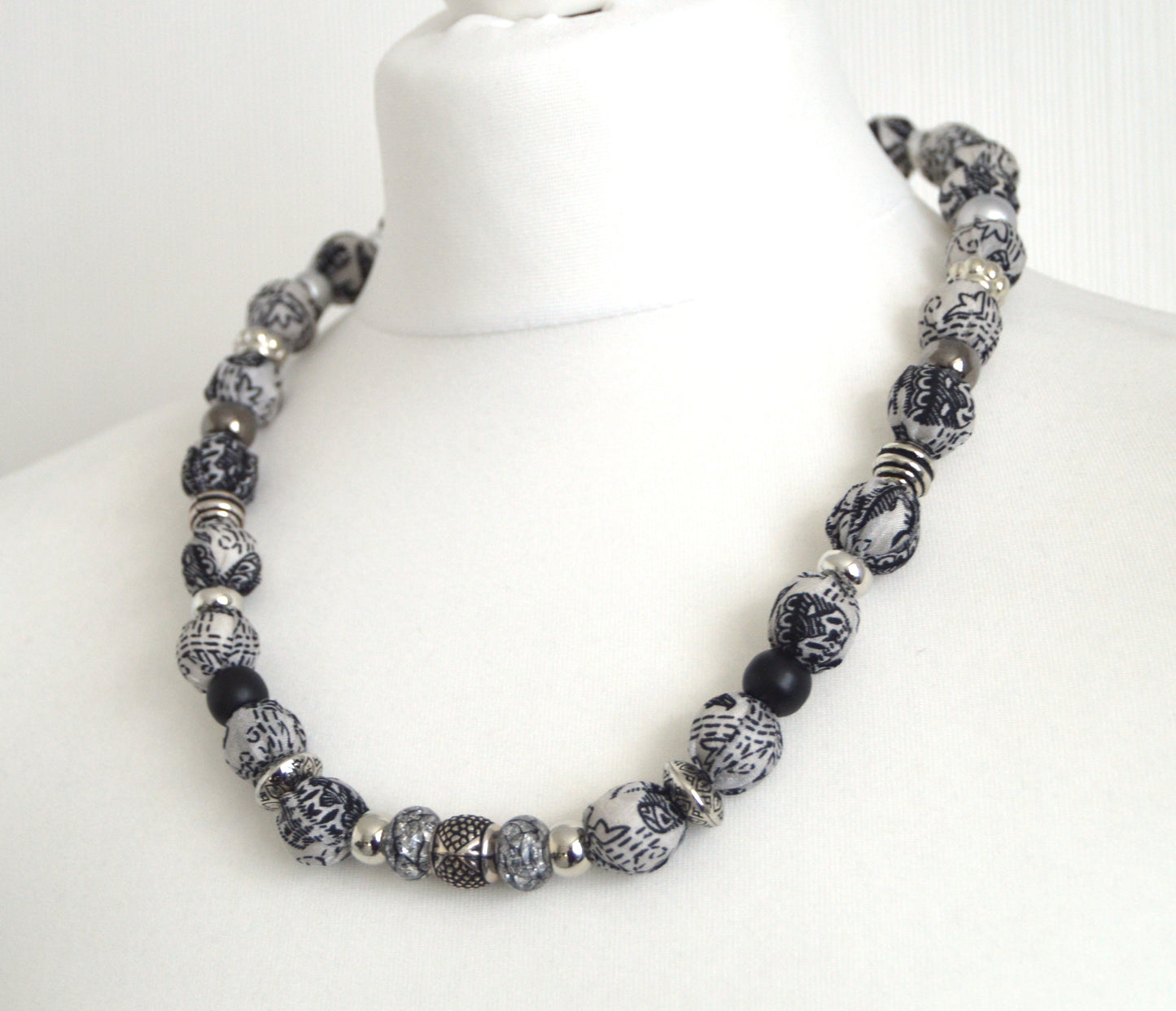 Black Grey Silver Sari Silk Necklace - Sophisticated Bohemian Eco Friendly Upcycled Sari Silk necklace - Unique Gift