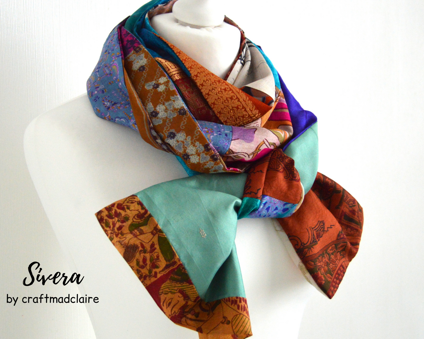 Patchwork Pure Silk Scarf - Upcycled Sari Silk Scarf - Recycled Sari Silk Scarf - Indian Silk Scarf - Handmade Pure Silk Scarf