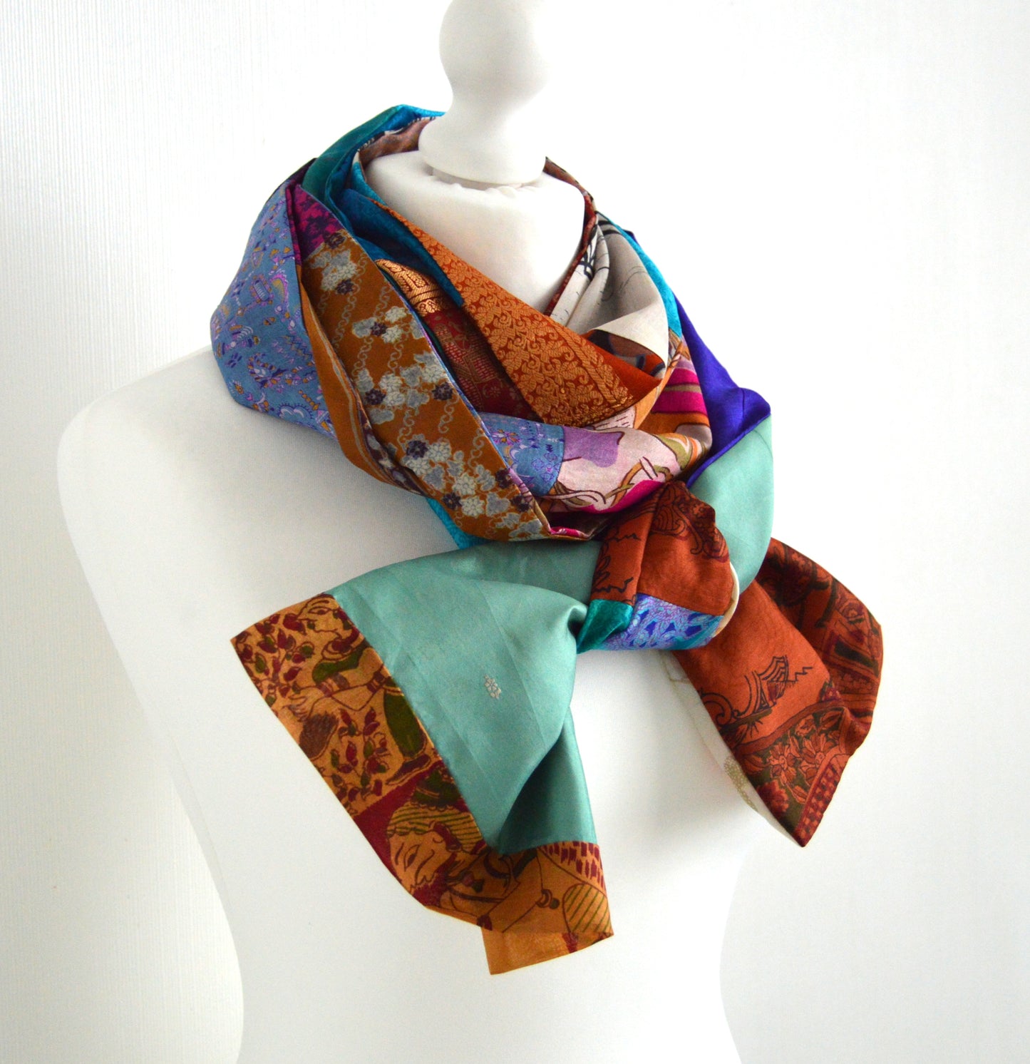 Patchwork Pure Silk Scarf - Upcycled Sari Silk Scarf - Recycled Sari Silk Scarf - Indian Silk Scarf - Handmade Pure Silk Scarf