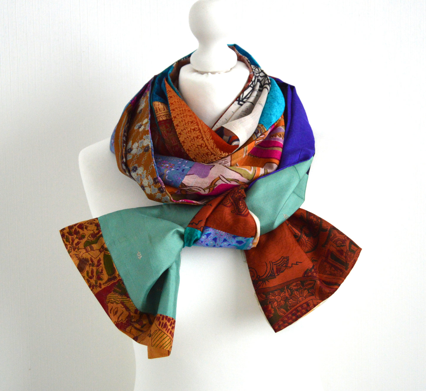 Patchwork Pure Silk Scarf - Upcycled Sari Silk Scarf - Recycled Sari Silk Scarf - Indian Silk Scarf - Handmade Pure Silk Scarf