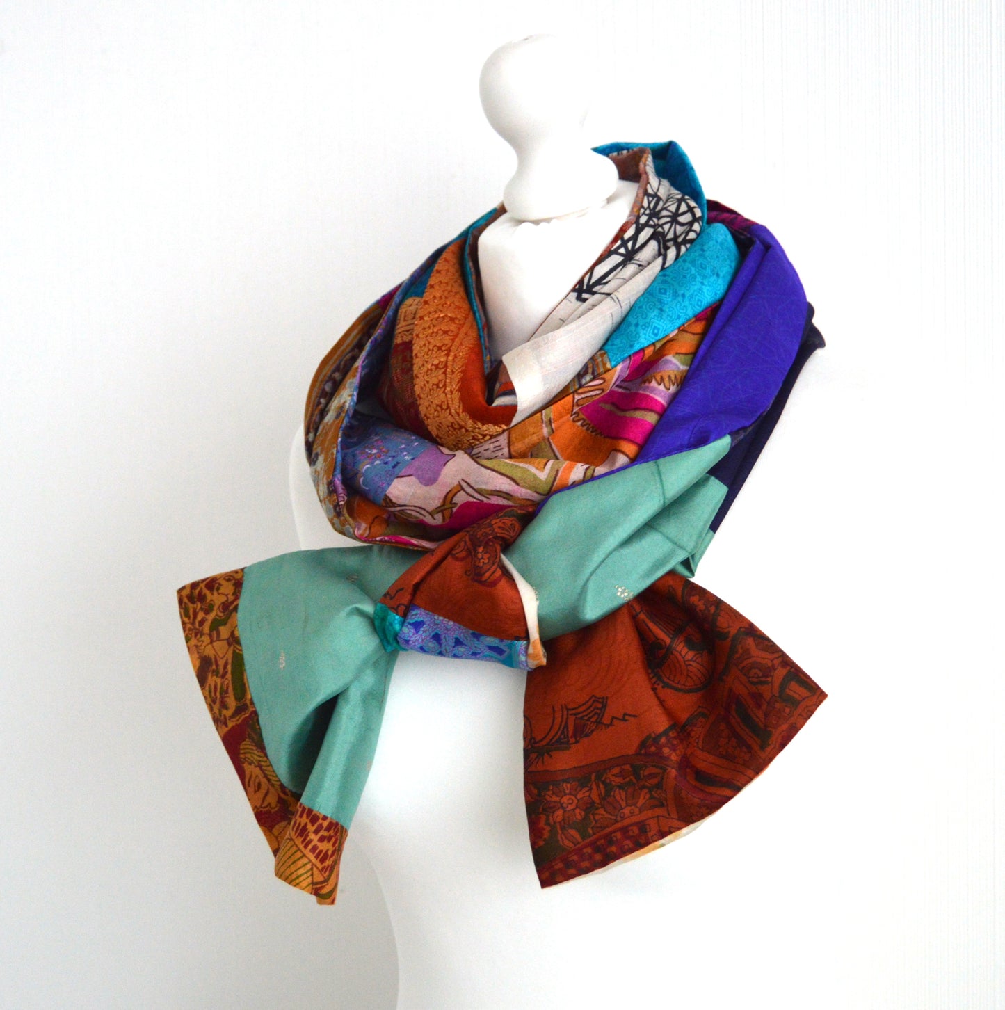 Patchwork Pure Silk Scarf - Upcycled Sari Silk Scarf - Recycled Sari Silk Scarf - Indian Silk Scarf - Handmade Pure Silk Scarf