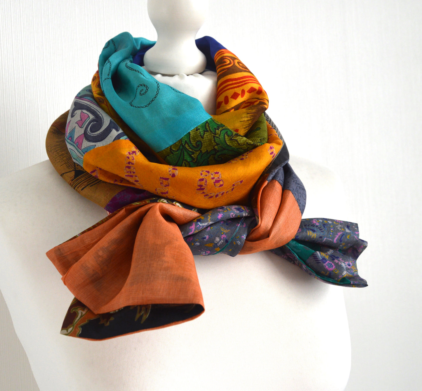 Patchwork Pure Silk Scarf - Upcycled Sari Silk Scarf - Recycled Sari Silk Scarf - Indian Silk Scarf - Handmade Pure Silk Scarf