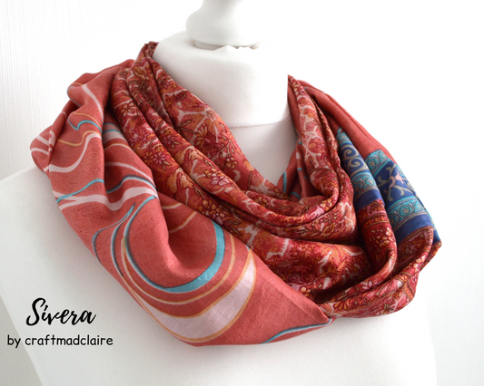 Salmon Aqua Upcycled Vintage Sari Silk Infinity Loop Scarf - Bohemian Eco Friendly Zero Waste Spring summer Trend Gift For Her