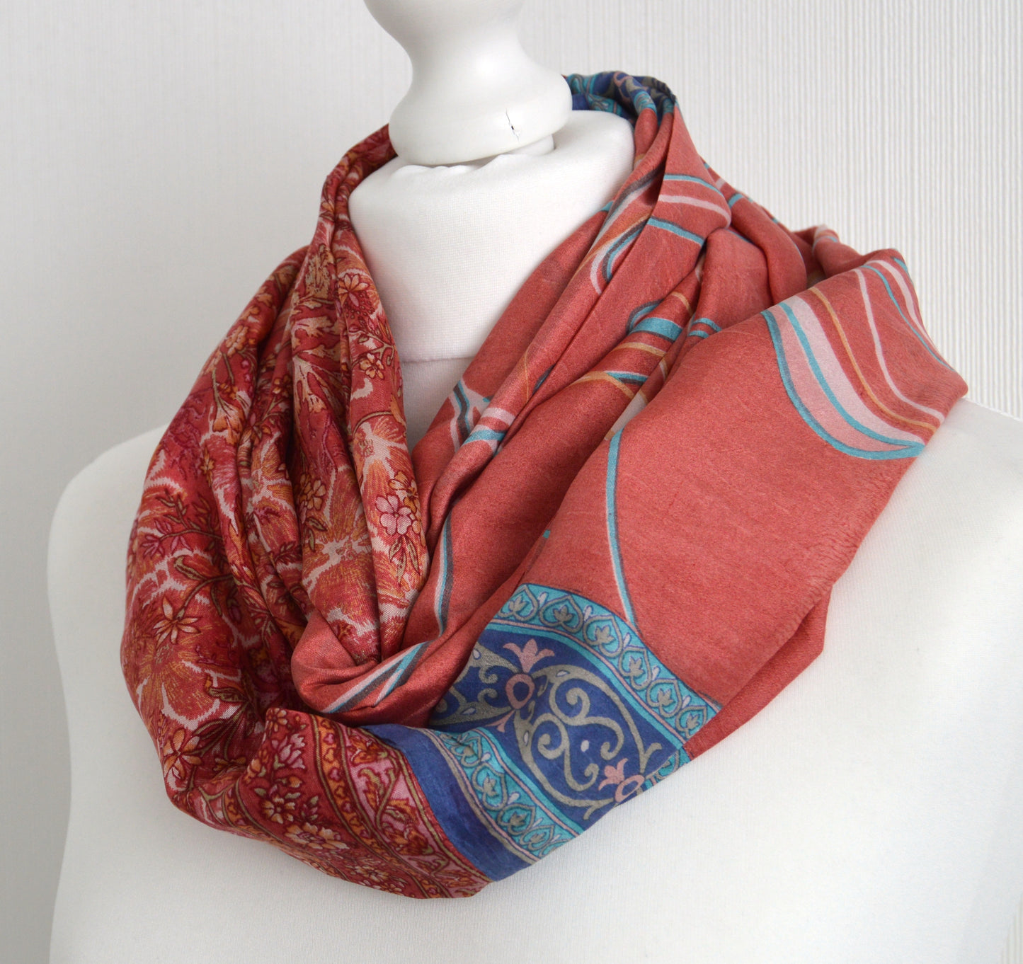 Salmon Aqua Upcycled Vintage Sari Silk Infinity Loop Scarf - Bohemian Eco Friendly Zero Waste Spring summer Trend Gift For Her