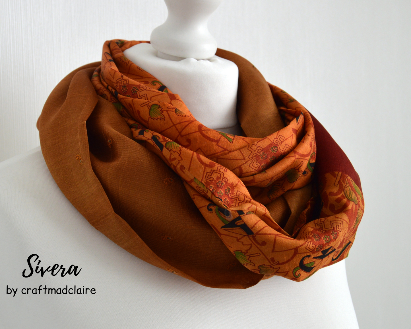 Caramel red upcycled vintage sari silk infinity scarf - bohemian eco friendly spring summer womens scarf - mothers day gift for her