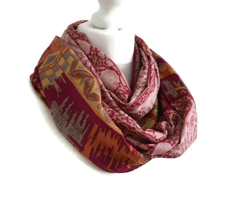 Red Beige Floral Two Tone Sari Silk Infinity Scarf - Boho Eco Friendly Gift For Her - Unique Sophisticated Bohemian Autumn Fall Winter Scarf