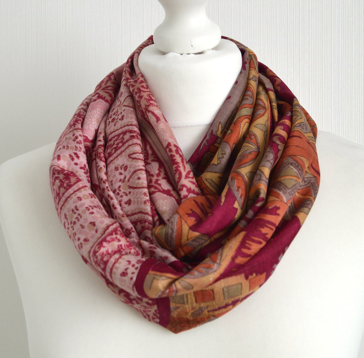 Red Beige Floral Two Tone Sari Silk Infinity Scarf - Boho Eco Friendly Gift For Her - Unique Sophisticated Bohemian Autumn Fall Winter Scarf