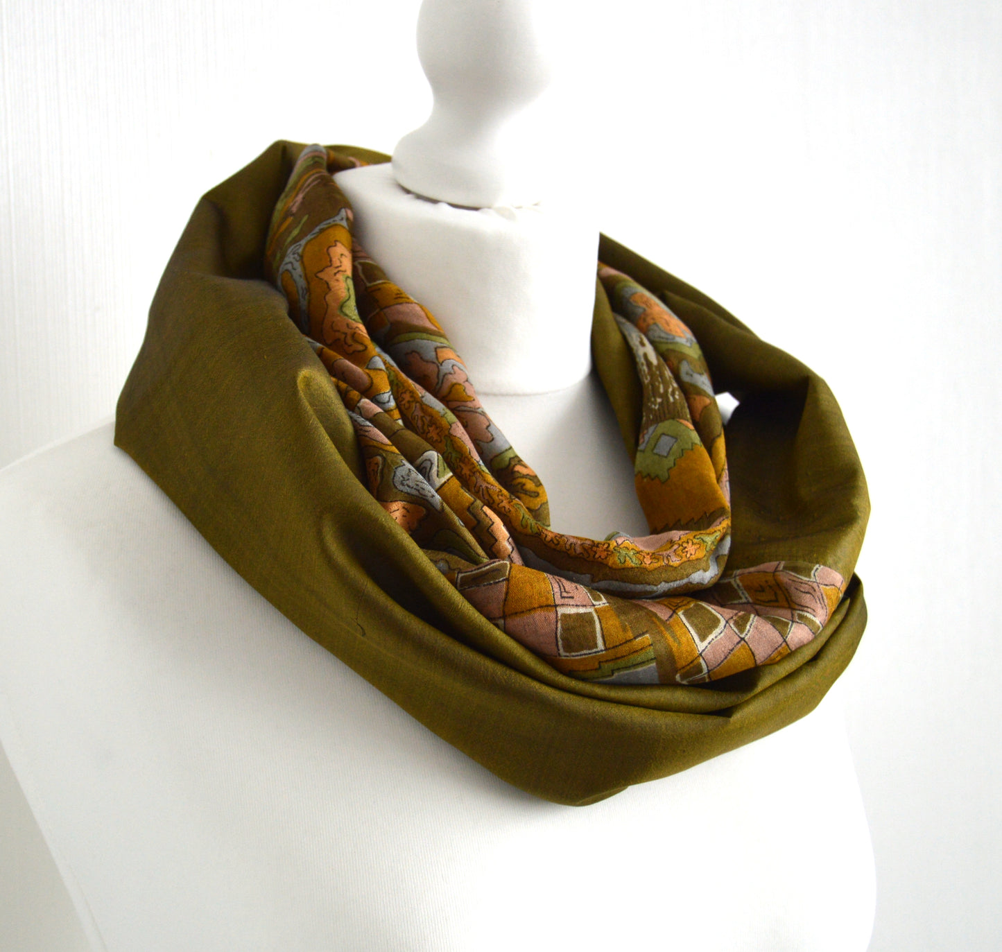 Olive Abstract Upcycled Vintage Sari Silk Infinity Scarf - Sophisticated Spring Summer Trend Womens Scarf - Eco Friendly Gift For Her/Him