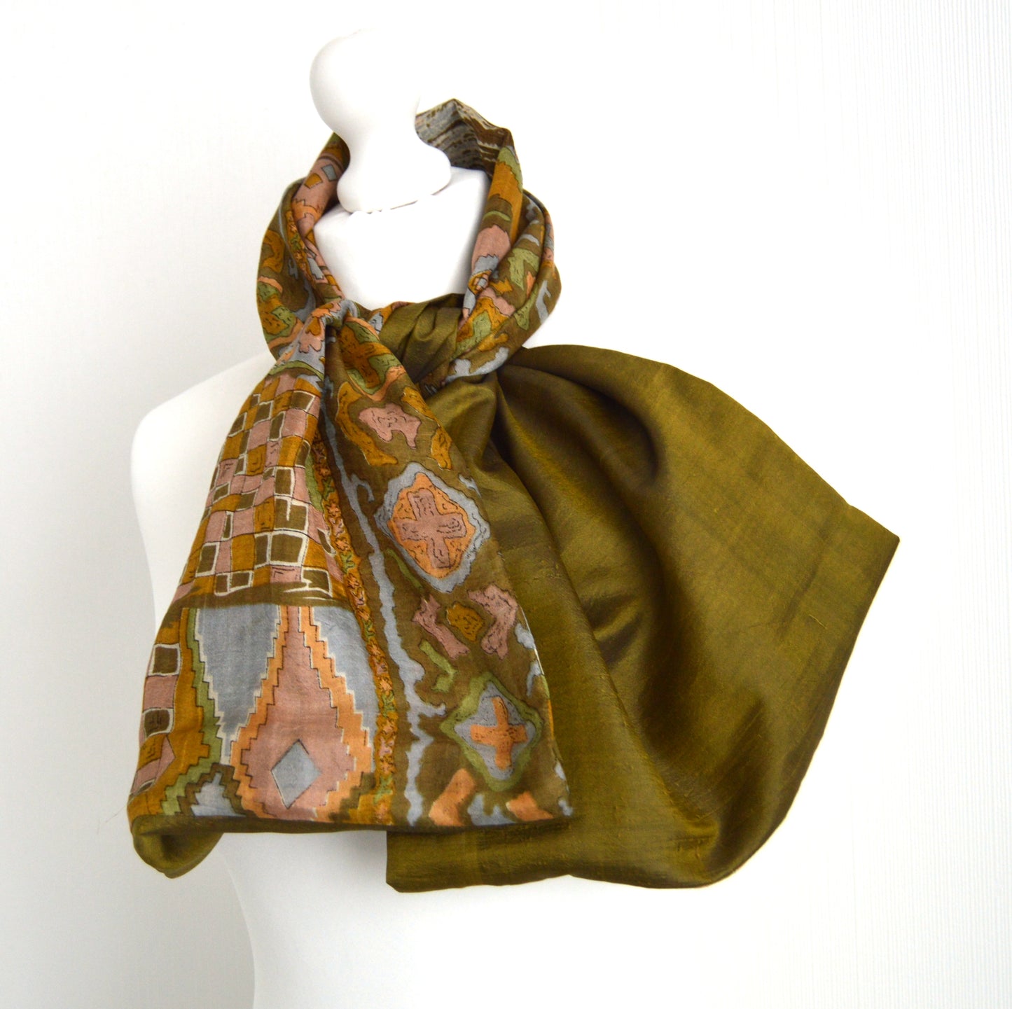 Olive Abstract Upcycled Vintage Sari Silk Infinity Scarf - Sophisticated Spring Summer Trend Womens Scarf - Eco Friendly Gift For Her/Him