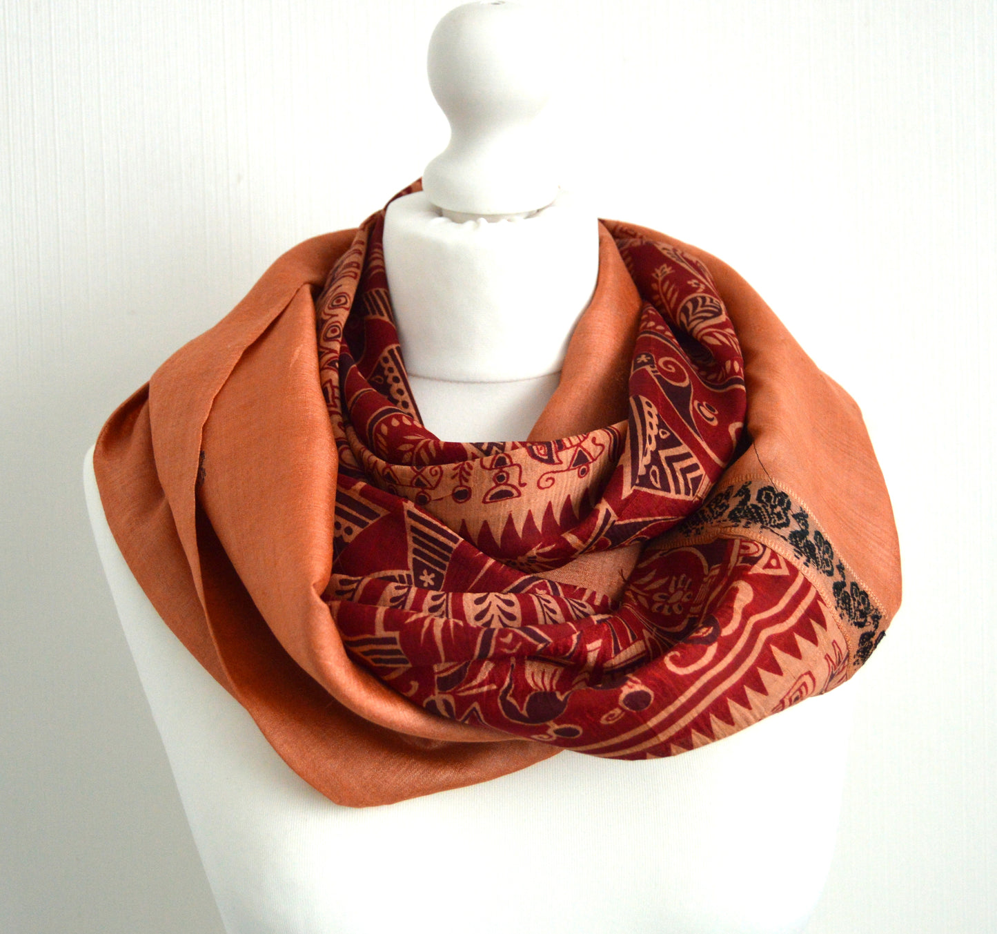Caramel Red Upcycled Sari Silk Infinity Loop Scarf - Sophisticated Boho Spring Summer Winter Scarf - Eco Friendly Upcycled Gift For Her
