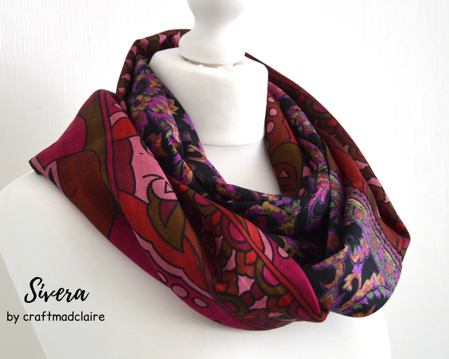 Black Magenta Upcycled Vintage Sari Silk Infinity Loop Scarf - Eco Friendly Zero Waste Womens Scarf - Perfect Mothers Day Gift For Her