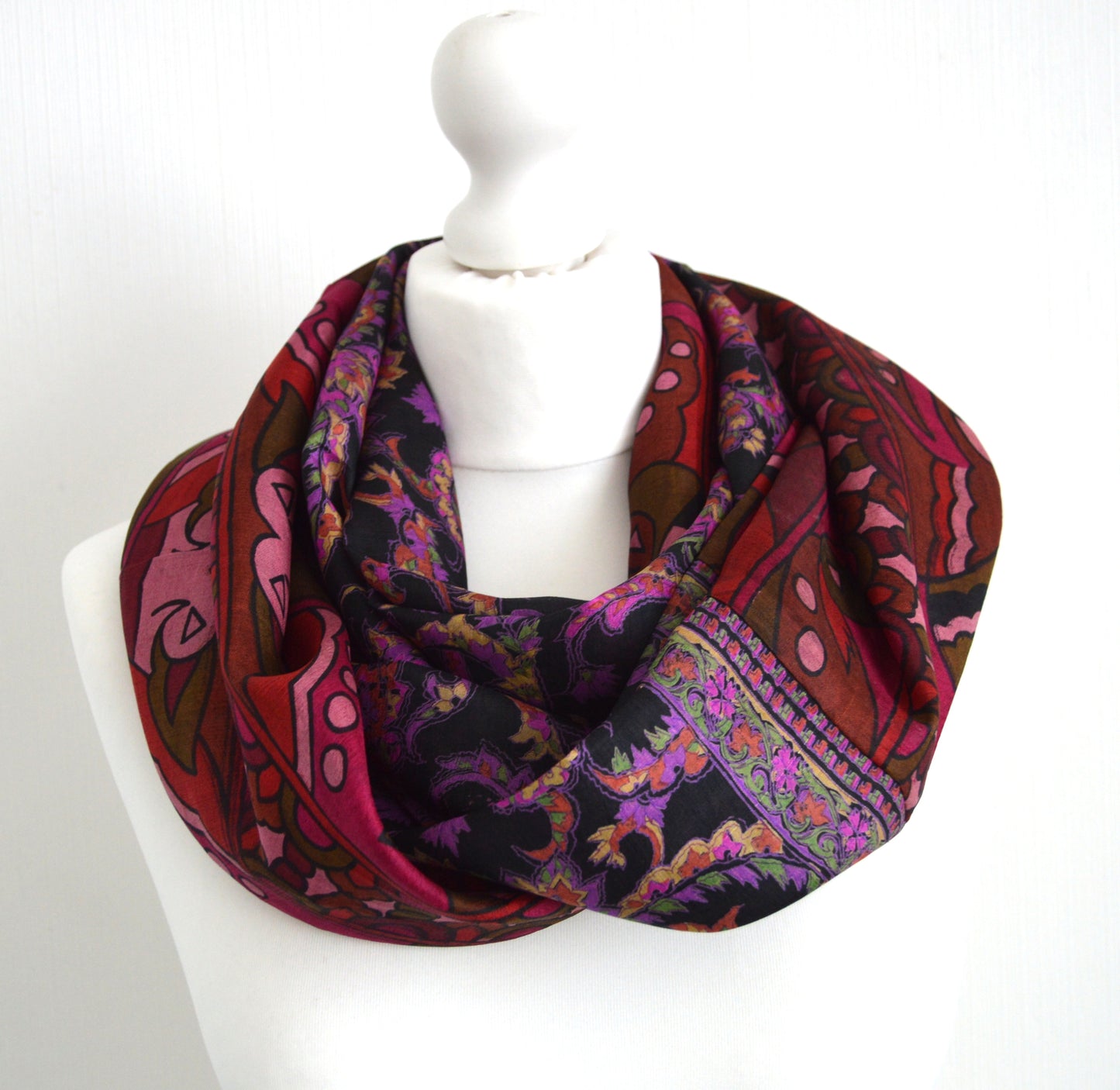 Black Magenta Upcycled Vintage Sari Silk Infinity Loop Scarf - Eco Friendly Zero Waste Womens Scarf - Perfect Mothers Day Gift For Her